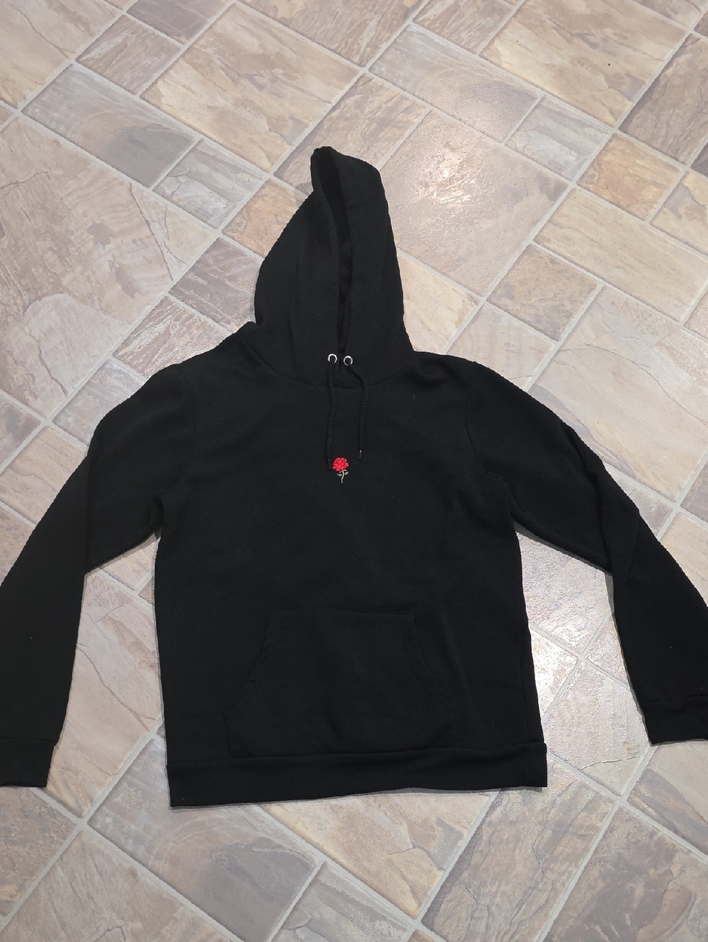 Womens Black Hoodie Sweater with Red Rose Embroidery